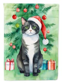 American Polydactyl Cat By the Christmas Tree House Flag Large Porch Sleeve Pole Decorative Outside Yard Banner Artwork Wall Hanging, Polyester